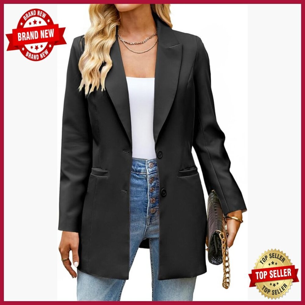 Long Blazer Jacket Business Casual Work Office Professional Lapel Pockets